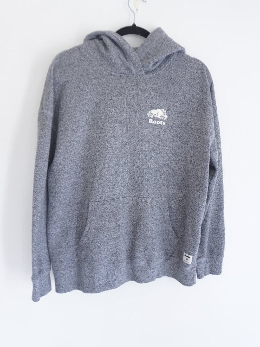 Roots Grey Salt Pepper Logo Graphic Kangaroo Pocket Hooded Sweatshirt Hoodie XL